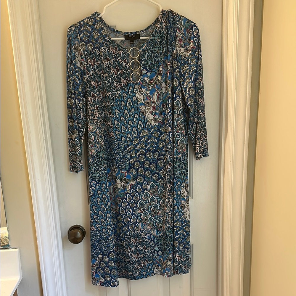 MSK Blue Green Sheath Dress 3/4 Sleeve Crew Neck